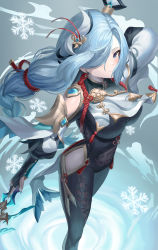 Rule 34 | 1girl, absurdres, bare shoulders, blue eyes, blue hair, bodysuit, braid, breasts, covered navel, fingerless gloves, genshin impact, gloves, hair ornament, hair over one eye, highres, hip vent, holding, holding weapon, large breasts, polearm, shenhe (genshin impact), skl, solo, weapon