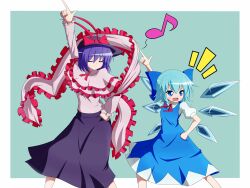 Rule 34 | 2girls, arm up, black headwear, blue bow, blue dress, blue eyes, bow, capelet, cirno, cirno day, closed eyes, closed mouth, commentary request, detached wings, dress, frilled shawl, frills, garukichi, hair bow, hat, hat bow, highres, ice, ice wings, index finger raised, long skirt, long sleeves, multiple girls, musical note, nagae iku, open mouth, purple hair, red bow, shawl, shirt, short sleeves, simple background, skirt, smile, touhou, white capelet, white shirt, wings