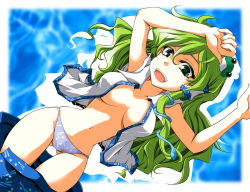 Rule 34 | 1girl, arms up, bad proportions, breasts, breasts apart, cleavage, clothes pull, female focus, green eyes, green hair, hair ornament, kochiya sanae, kurinton, large breasts, lingerie, long hair, matching hair/eyes, navel, no bra, open clothes, open mouth, open shirt, open skirt, panties, shirt, skirt, skirt pull, smile, snake, solo, touhou, underwear