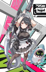 1girl absurdres arms_up bangboo_(zenless_zone_zero) black_footwear black_hair breasts brown_pantyhose colored_inner_hair commentary ellen_joe english_commentary eruthika fins fish_tail highres holding holding_weapon large_breasts looking_at_viewer maid maid_headdress multicolored_hair pantyhose red_eyes red_hair shark_girl shark_tail sharkboo_(zenless_zone_zero) shoes short_hair solo standing tail two-tone_hair weapon zenless_zone_zero