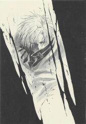 Rule 34 | 1boy, absurdres, angry, dante (devil may cry), devil may cry (series), devil may cry 2 (novel), eyes visible through hair, frown, highres, kosumi yuuchi, looking at viewer, monochrome, non-web source, official art, popped collar, scan, short hair, slashing, solo