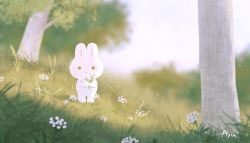 Rule 34 | ayu (mog), blurry, blurry background, rabbit, closed mouth, day, depth of field, field, flower, holding, holding flower, looking at viewer, no humans, original, outdoors, signature, smile, solo, standing, tree, white flower