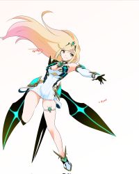 Rule 34 | 1girl, bare legs, bare shoulders, blonde hair, breasts, chest jewel, cleavage, cleavage cutout, clothing cutout, dress, earrings, elbow gloves, gloves, highres, jewelry, large breasts, long hair, mythra (xenoblade), nayuta-kanata, short dress, solo, swept bangs, thigh strap, tiara, very long hair, white dress, white footwear, white gloves, xenoblade chronicles (series), xenoblade chronicles 2, yellow eyes