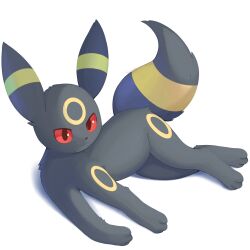 Rule 34 | absurdres, animal focus, colored sclera, creatures (company), game freak, gen 2 pokemon, highres, lying, nevedoodle, nintendo, no humans, pokemon, pokemon (creature), red eyes, red sclera, simple background, smile, solo, umbreon, white background