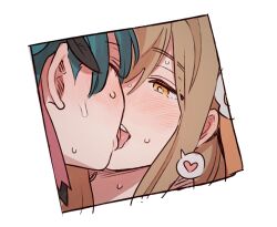 2girls blue_hair blush brown_hair closed_eyes commentary_request french_kiss heart kiss korean_commentary kunikida_hanamaru long_hair looking_at_another love_live! love_live!_sunshine!! multiple_girls pito_(sh02327) simple_background spoken_heart sweat tongue tongue_out tsushima_yoshiko white_background yellow_eyes yuri