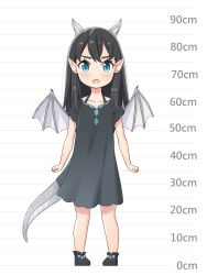 Rule 34 | 1girl, :o, arms at sides, black dress, black footwear, black hair, blue eyes, blush, child, dot nose, dragon girl, dragon horns, dragon tail, dragon wings, dress, full body, height chart, highres, horns, long hair, looking at viewer, mao lian (nekokao), open mouth, original, pigeon-toed, pointy ears, slit pupils, solo, standing, tail, wings