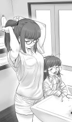 Rule 34 | 2girls, :o, absurdres, blunt bangs, breasts, closed eyes, freckles, glasses, greyscale, highres, holding, holding toothbrush, indoors, long sleeves, medium breasts, monochrome, multiple girls, original, pointy ears, shorts, sink, standing, toothbrush, tranqu color, tying hair, yawning