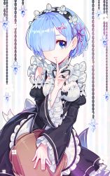 Rule 34 | 10s, 1girl, apron, arm garter, bad id, bad pixiv id, black bow, black ribbon, blue hair, bow, breasts, chain, cleavage, cowboy shot, crystal, detached sleeves, dress, eyelashes, finger to mouth, fingernails, flower, frills, hair ornament, hair over one eye, highres, hwansang, looking at viewer, maid, medium breasts, one eye covered, open \m/, parted lips, re:zero kara hajimeru isekai seikatsu, rem (re:zero), ribbon, ribbon-trimmed sleeves, ribbon trim, short hair, smile, solo, striped, striped background, tray, underbust, waist apron, white apron, white background, white bow, white flower, wide sleeves, x hair ornament