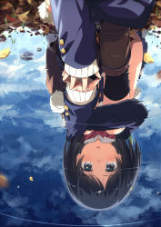 Rule 34 | 1girl, :o, autumn leaves, bag, black hair, black socks, blue jacket, blue sky, blurry, blush, bow, bowtie, brown footwear, day, depth of field, fang, grey eyes, hair ornament, hairclip, jacket, loafers, long sleeves, ogipote, open mouth, original, outdoors, puddle, red bow, red bowtie, reflection, ripples, rock, school uniform, shoes, short hair, sky, sleeves past wrists, socks, solo, squatting, tareme, uniform, water