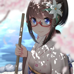 Rule 34 | 1girl, blue eyes, blurry, blurry background, blurry foreground, blush, brown hair, closed mouth, commentary request, day, depth of field, fingernails, floral print, flower, glasses, hair flower, hair ornament, highres, holding, japanese clothes, kimono, long sleeves, looking at viewer, nekobaka, obi, original, outdoors, print kimono, red-framed eyewear, sash, semi-rimless eyewear, sidelocks, smile, solo, under-rim eyewear, white flower, white kimono, wide sleeves