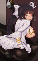 Rule 34 | 1girl, azur lane, black hair, black pantyhose, blush, breasts, breasts out, clothes lift, female focus, from behind, gloves, hair ornament, hair ribbon, indoors, katana, large breasts, long hair, looking at viewer, looking back, military, military uniform, miniskirt, nipples, no bra, nt00, open mouth, panties, panties under pantyhose, pantyhose, ponytail, puffy nipples, pussy juice, ribbon, skirt, skirt lift, solo, squatting, standing, steam, sword, takao (azur lane), underwear, uniform, weapon, white gloves, yellow eyes
