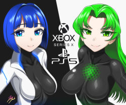 Rule 34 | 2girls, black bodysuit, blue eyes, blue hair, bodysuit, breasts, closed mouth, commentary request, covered collarbone, game console, green eyes, green hair, impossible bodysuit, impossible clothes, jacket, jazz jack, large breasts, logo, long hair, looking at viewer, multiple girls, original, personification, playstation 5, short hair, skin tight, smile, upper body, white jacket, xbox series x