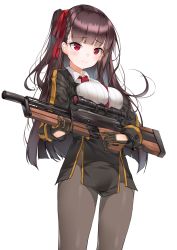 Rule 34 | 1girl, bad id, bad twitter id, bipod, black pantyhose, black skirt, blazer, blush, breasts, bullpup, dduck kong, framed breasts, girls&#039; frontline, gloves, gun, hair ribbon, half updo, high-waist skirt, highres, holding, holding gun, holding weapon, jacket, large breasts, long hair, looking at viewer, necktie, one side up, pantyhose, pelvic curtain, purple hair, red eyes, red necktie, ribbon, rifle, shirt, simple background, skirt, sniper rifle, solo, striped clothes, striped shirt, trigger discipline, very long hair, wa2000 (girls&#039; frontline), walther, walther wa 2000, weapon, white shirt
