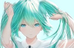 Rule 34 | 1girl, aqua eyes, aqua hair, arms up, collared shirt, hair between eyes, hand in own hair, hatsune miku, blue background, looking at viewer, ojay tkym, parted lips, portrait, shirt, short sleeves, solo, twintails, vocaloid, white shirt