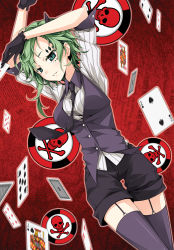 Rule 34 | 1girl, black gloves, card, facial mark, garter straps, gloves, green eyes, green hair, gumi, matching hair/eyes, parted lips, playing card, poker face (vocaloid), reina (black spider), short hair, short hair with long locks, shorts, smile, solo, vocaloid