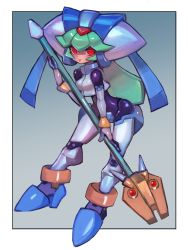Rule 34 | 1girl, android, armor, border, breasts, capcom, dakusuta, gradient background, green hair, grey background, hair between eyes, helmet, highres, holding, holding staff, holding weapon, medium breasts, mega man (series), mega man zx, pandora (mega man), power armor, red eyes, smile, solo, staff, tongue, tongue out, weapon, white border