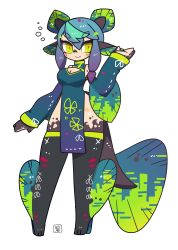 Rule 34 | 1girl, absurdres, black legwear, blue hair, bubble, cleavage cutout, clothing cutout, colored skin, facial mark, fins, fish girl, fish tail, full body, gradient hair, green eyes, hand up, head fins, highres, hz ebfry, looking at viewer, monster girl, multicolored hair, multicolored skin, original, pelvic curtain, purple hair, short hair, short hair with long locks, sidelocks, signature, sleeveless, smile, solo, streaked hair, tail, white background