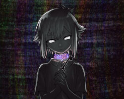 Rule 34 | 1boy, abstract background, antenna hair, basil (omori), child, collared shirt, commentary request, expressionless, flower collar, flower wreath, glowing, glowing eyes, hands up, holding, holding key, key, looking at viewer, male focus, omori, own hands clasped, own hands together, parted lips, shirt, short hair, short sleeves, solo, toastytoast, upper body, white eyes