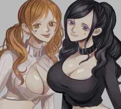 Rule 34 | 2girls, :p, black hair, blue eyes, breasts, brown eyes, cleavage, crop top, facepaint, heart, huge breasts, long hair, long sleeves, looking at viewer, midriff, multiple girls, nami (one piece), nico robin, nsgw, one piece, orange eyes, ponytail, smile, sweater, tongue, tongue out, twintails