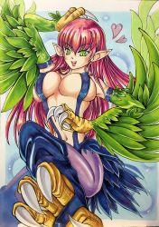 Rule 34 | 1girl, absurdres, arm up, breasts, chsg4887, claws, commentary request, covered erect nipples, duel monster, feathered wings, feathers, green eyes, green feathers, green wings, harpie lady, harpie lady #1, harpie lady 1, harpy, heart, highres, large breasts, long hair, monster girl, pointy ears, red hair, solo, stirrup legwear, tail, talons, toeless legwear, traditional media, winged arms, wings, yu-gi-oh!