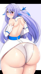 Rule 34 | 1girl, absurdres, ass, backless dress, backless outfit, character request, closed mouth, detached sleeves, dress, from behind, half updo, highres, huge ass, long hair, looking at viewer, looking back, panties, purple eyes, purple hair, raised eyebrows, school girl strikers, shiny skin, smile, solo, standing, underwear, white dress, white sleeves, yeneisha