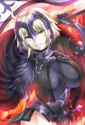 Rule 34 | 1girl, armor, blonde hair, breasts, cape, fate/grand order, fate (series), flag, fur trim, gauntlets, grin, helmet, highres, jeanne d&#039;arc (fate), jeanne d&#039;arc alter (avenger) (fate), jeanne d&#039;arc alter (avenger) (first ascension) (fate), jeanne d&#039;arc alter (fate), looking at viewer, shimeno puni, smile, solo, sword, teeth, weapon, yellow eyes