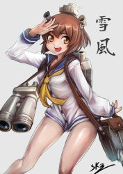 Rule 34 | 10s, 1girl, bag, binoculars, brown eyes, brown hair, cannon, dress, headgear, kantai collection, open mouth, personification, sailor dress, salute, satchel, short hair, smile, solo, sowel (sk3), yukikaze (kancolle)