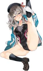 Rule 34 | 1girl, :q, araki kanao, beret, black hat, black one-piece swimsuit, black socks, blue jacket, brown footwear, cameltoe, competition swimsuit, cowboy shot, full body, grey eyes, groin, hat, highleg, highleg swimsuit, highres, holding leg, jacket, kantai collection, kashima (kancolle), kneehighs, leg up, loafers, looking at viewer, one-piece swimsuit, open clothes, open jacket, open mouth, shoes, sidelocks, silver hair, simple background, sitting, socks, solo, sweat, swimsuit, thighs, tongue, tongue out, track jacket, tsurime, twintails, wavy hair, white background