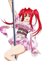 Rule 34 | 00s, 1girl, bare legs, breasts, brown eyes, cleavage, collarbone, dancing, female focus, hair ornament, ikkitousen, japanese clothes, kanpei, kimono, large breasts, legs, long hair, long twintails, looking at viewer, open mouth, pole, pole dancing, red hair, shiny skin, short kimono, short yukata, simple background, smile, solo, stripper pole, twintails, white background, yukata