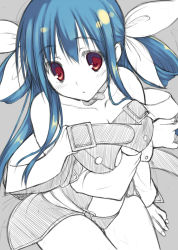 Rule 34 | 1girl, blue hair, breasts, choker, dizzy (guilty gear), grey background, guilty gear, hime gyo, long hair, red eyes, simple background, sketch, solo, twintails, underboob