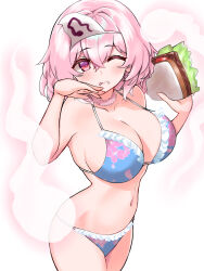 Rule 34 | 1girl, ;q, bikini, blue bikini, breasts, cherry blossom print, cleavage, floral print, food, food on face, ghost, highres, holding, holding food, horounendo, large breasts, navel, one eye closed, pink hair, saigyouji yuyuko, sandwich, short hair, simple background, solo, swimsuit, tongue, tongue out, touhou, triangular headpiece, white background
