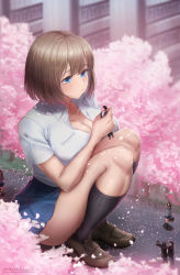 Rule 34 | 3boys, 3girls, absurdres, artist name, black socks, blue eyes, blue skirt, blush, breasts, brown footwear, brown hair, cherry blossoms, cleavage, collarbone, collared shirt, giant, giantess, highres, holding person, kneehighs, kuroihassan, large breasts, loafers, looking at another, mini person, miniboy, minigirl, miniskirt, multiple boys, multiple girls, original, outdoors, petals, road, school uniform, shirt, shoes, short hair, short sleeves, size difference, skirt, socks, spring (season), squatting, thighs, tree, twitter username, uniform, white shirt
