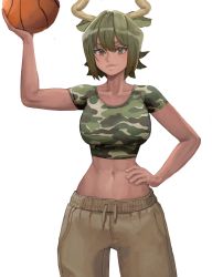 Rule 34 | 1girl, absurdres, animal ears, aurochs (kemono friends), ball, basketball, basketball (object), breasts, brown eyes, brown pants, camouflage, camouflage shirt, cow ears, cow girl, cow horns, cowboy shot, crop top, dark-skinned female, dark skin, green hair, green shirt, hand on own hip, highres, holding, holding ball, horns, kemono friends, large breasts, looking at viewer, midriff, pants, shirt, short hair, short sleeves, simple background, smile, solo, tefduck, white background