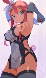 Rule 34 | 1girl, armpits, arms up, blue dress, blue eyes, blue gloves, blue thighhighs, breasts, covered erect nipples, creatures (company), dress, elbow gloves, flower, game freak, gloves, hair flower, hair ornament, highres, holding, holding poke ball, long hair, looking at viewer, medium breasts, nintendo, poke ball, pokemon, pokemon bw, red hair, sideboob, sidelocks, skyla (pokemon), solo, spring2013, standing, thighhighs, thighs