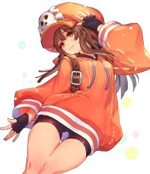 Rule 34 | 1girl, :3, bike shorts, black gloves, blush, brown hair, closed mouth, commentary request, fingerless gloves, gloves, guilty gear, guilty gear strive, hat, long hair, long sleeves, looking at viewer, may (guilty gear), orange eyes, orange hat, oro (sumakaita), skull and crossbones, smile, solo, thighs, white background