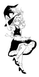 Rule 34 | 1girl, apron, black dress, bow, braid, buttons, dress, floating, floating hair, frilled dress, frills, greyscale, hair bow, hands on headwear, hands up, hat, hat bow, kirisame marisa, looking down, monochrome, natsume (menthol), puffy sleeves, shoes, short sleeves, side braid, single braid, solo, touhou, waist apron, white background, white bow, witch hat