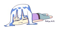 Rule 34 | arms at sides, belt, blue streaks, chibi, frown, furrowed brow, grey pants, hoozuki suigetsu, lying, male focus, melting, naruto (series), naruto shippuuden, on stomach, pants, purple shirt, shirt, simple background, sleeveless, sleeveless shirt, solo, sploot, tooth sticking out of mouth, white hair, yoshiya0909