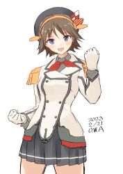 Rule 34 | 1girl, artist name, beret, black hat, brown hair, buttons, clenched hand, cowboy shot, dated, epaulettes, flipped hair, frilled sleeves, frills, gloves, grey eyes, grey skirt, hat, hiei (kancolle), highres, jacket, kantai collection, kashima (kancolle), looking at viewer, military, military jacket, military uniform, miniskirt, neckerchief, one-hour drawing challenge, owa (ishtail), pleated skirt, red neckerchief, short hair, simple background, skirt, smile, solo, uniform, white background, white gloves