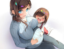Rule 34 | 2girls, :d, ^ ^, alternate universe, asahina hikage, big belly, black pants, blue eyes, blue sweater, breasts, brown hair, character request, closed eyes, commentary request, getsuyoubi no tawawa, hair ornament, hair over one eye, hairclip, hands on another&#039;s stomach, hands on own stomach, kouhai-chan (tawawa), large breasts, long hair, long sleeves, looking at viewer, mole, mole under eye, mother and daughter, multiple girls, open mouth, pants, pregnant, short hair, sitting, smile, sweater
