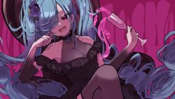 Rule 34 | 1girl, :d, absurdres, black dress, black gloves, blue hair, breasts, collarbone, crossed legs, cup, dress, elbow gloves, flower, gloves, gradient gloves, grey thighhighs, hair flower, hair ornament, hair over one eye, hatsune miku, highres, holding, holding cup, katorea, long hair, looking at viewer, open mouth, pink gloves, purple flower, red eyes, sitting, small breasts, smile, solo, thighhighs, very long hair, vocaloid