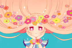 Rule 34 | 1girl, floating hair, flower, hair flower, hair ornament, hands on own cheeks, hands on own face, koishi (coishi), long hair, looking at viewer, original, pink eyes, pink hair, portrait, smile, solo, sparkle, symbol-shaped pupils, very long hair