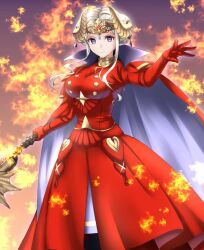 Rule 34 | 1girl, arm up, axe, blue eyes, breasts, cape, crown, dress, edelgard von hresvelg, fake horns, fire emblem, fire emblem: three houses, holding, holding axe, horns, kakiko210, large breasts, looking at viewer, nintendo, red cape, red dress, sidelocks, solo, white background