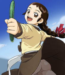 Rule 34 | 1girl, 2008, ass, bloomers, blue background, brown eyes, brown hair, brown skirt, clenched hand, cloud, cucumber, dress, food, from behind, hair ornament, hair ribbon, happy, haruyama kazunori, holding, holding food, jang geum&#039;s dream, long hair, long sleeves, looking at viewer, looking back, open hand, open mouth, outstretched arms, ponytail, reaching, reaching towards viewer, red ribbon, ribbon, seo jang geum, sexually suggestive, shirt, skirt, sky, smile, spread arms, underwear, upskirt, yellow shirt