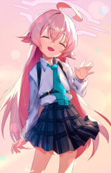 Rule 34 | 1girl, ^ ^, ahoge, aqua necktie, black skirt, blue archive, closed eyes, collared shirt, commentary request, fang, gradient background, hair between eyes, halo, hoshino (blue archive), long hair, long sleeves, necktie, open mouth, pink background, pink hair, pink halo, ponshu (ponshuislife), shirt, skirt, solo, standing, thighs, white shirt