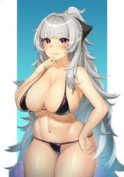 Rule 34 | 1girl, azur lane, bare arms, bare shoulders, bikini, black bikini, black eyes, blunt bangs, blush, breasts, cleavage, closed mouth, collarbone, commission, cowboy shot, grey hair, hand on own hip, hand on own chin, highres, large breasts, long hair, looking at viewer, miso tanuki, navel, ponytail, skeb commission, smile, solo, stomach, swimsuit, very long hair, vittorio veneto (warship girls r)