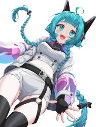Rule 34 | 1girl, absurdres, ahoge, belt, black belt, black bow, black gloves, black thighhighs, blue eyes, blue hair, blunt bangs, bow, braid, breasts, commentary, crop top, elbow gloves, feet out of frame, fingerless gloves, from below, gloves, hachihachy, hair bow, hair ornament, highres, jacket, long hair, long sleeves, looking at viewer, medium breasts, midriff, multicolored hair, navel, open mouth, original, pink hair, see-through, see-through sleeves, shirt, shorts, simple background, sky, smile, solo, streaked hair, teeth, thighhighs, transparent background, tree, twin braids, upper teeth only, very long hair, virtual youtuber, white jacket, white shirt, white shorts