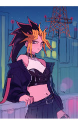 Rule 34 | 1girl, absurdres, back hair, belt, blonde hair, bright pupils, building, closed mouth, collar, commentary, earrings, fence, genderswap, genderswap (mtf), highres, jacket, jewelry, leaning, night, off shoulder, on (isk1812), outdoors, pleated skirt, ponytail, purple eyes, purple hair, skirt, sky, smile, solo, spiked hair, star (sky), thigh strap, white pupils, yami yugi, yu-gi-oh!