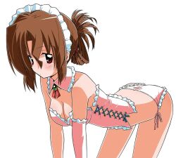 Rule 34 | 1girl, all fours, ass, bare shoulders, blush, bra, breasts, brown hair, bustier, butt crack, cleavage, collarbone, corset, folded ponytail, hata kenjirou, hayate no gotoku!, large breasts, lingerie, maid, maid headdress, maria (hayate no gotoku!), neckerchief, panties, red eyes, solo, thighs, underwear, underwear only