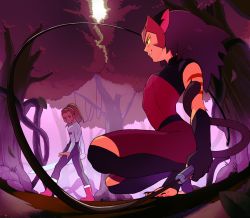 Rule 34 | 2girls, adora (she-ra), animal ears, black gloves, brown hair, cat ears, cat tail, catra, gloves, highres, karohujiwtf, looking at another, masters of the universe, multiple girls, ponytail, serious, she-ra and the princesses of power, smile, squatting, sword, tail, toeless legwear, tree, weapon, whip