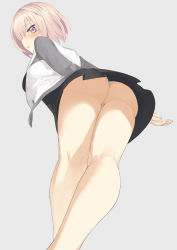 Rule 34 | 1girl, :o, arms behind back, ass, bare legs, black dress, blush, dress, fate (series), foreshortening, from behind, from below, grey background, hair between eyes, highres, jacket, kneepits, leaning forward, legs, legs together, long sleeves, looking at viewer, looking back, looking down, mash kyrielight, no eyewear, open clothes, open jacket, open mouth, panties, pantyshot, pink hair, profile, purple eyes, short dress, short hair, simple background, solo, standing, thighs, throtem, track jacket, tsurime, underwear, upskirt, white jacket, white panties, wide hips